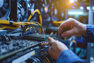 Closeup of hands holding screwdriver and working on pc machine with fans, power cables in data center room background - obrazy, fototapety, plakaty