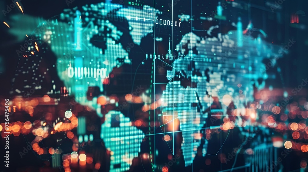 Poster global data network interface with human silhouettes a digital global interface overlaying the citys
