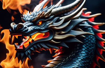 Big traditional mystical Chinese dragon from fairy tales and legends. Fantasy dragon breathes fire on black Background. Year of the Dragon - obrazy, fototapety, plakaty