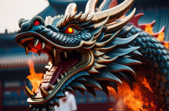 Big traditional mystical Chinese dragon from fairy tales and legends. Fantasy dragon breathes fire at Chinese street. Year of the Dragon