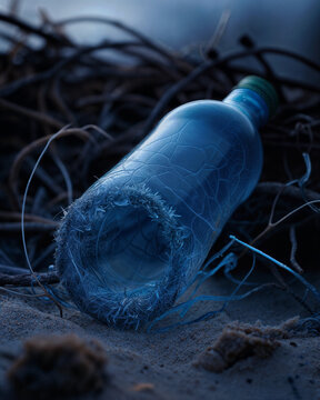 Weathered Plastic Bottle amidst seaweed, sand and coastal debris.