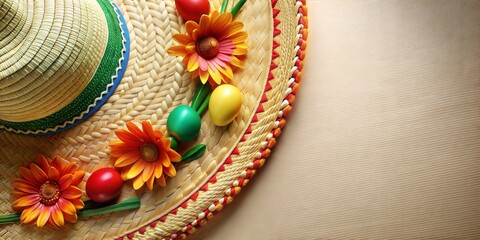 Vibrant mexican sombrero arranged with bright gerbera daisies on a textured background. Mexican backdrop for Mexico festive festival Cinco de mayo