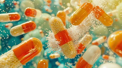 Falling antibiotic pill capsules group in healthcare and medical 3d illustration background - obrazy, fototapety, plakaty
