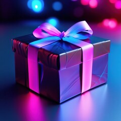 Obraz premium gift in a box with a bow. trendy neon color pink and blue. holiday