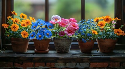 potted spring flowers on window 