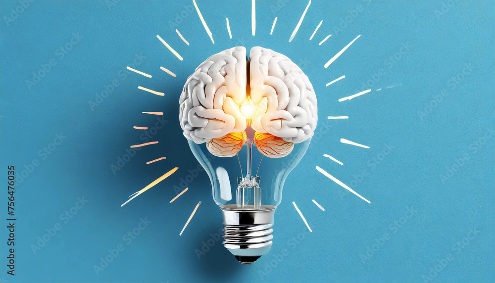 Poster close-up of a white human brain inside the glowing light bulb on a blue paper background with copy s