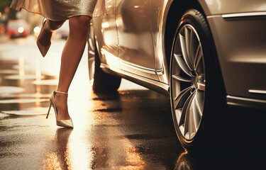 Golden hour paints the scene as a woman gracefully steps next to a luxury car, her high heels reflecting the setting sun's glow.