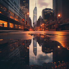 A cityscape with reflections in a rainy puddle. 