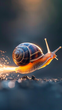 Super fast turbo snail. Successful fast moving snail. Amazing power concept and business skill services success or competitive advantage as a powerful rocket fast snail winning overcoming 