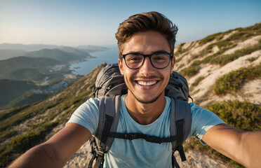 man on the mountain taking selfies and smiling, adventure, travel