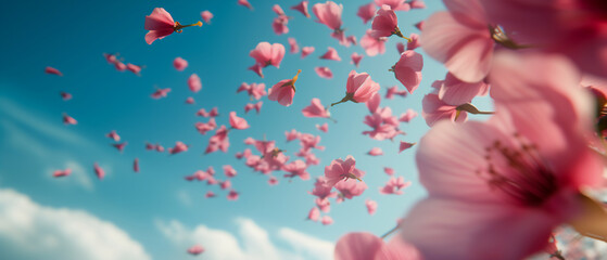 Pink flowers are falling from the sky, creating a beautiful