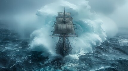 ship sailing in a storm - obrazy, fototapety, plakaty