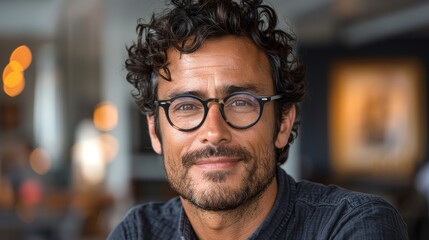 smiling man with black curly hair in glasses  - obrazy, fototapety, plakaty