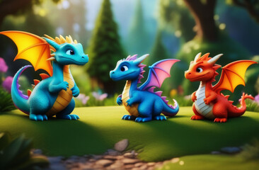 Naklejka premium Cute adorable colored baby dragon cartoon. Fairytale dragon character in the style of children-friendly cartoon animation fantasy art