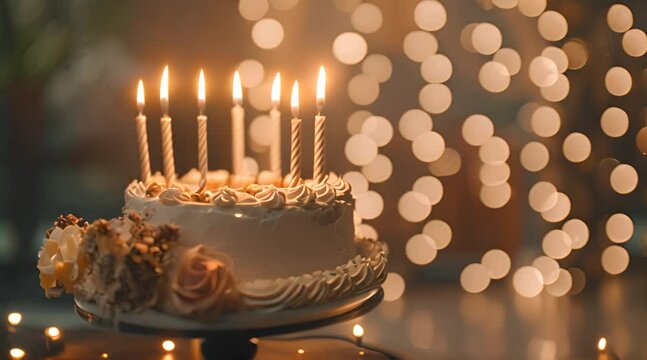 birthday cake with candles and blur bokeh background
