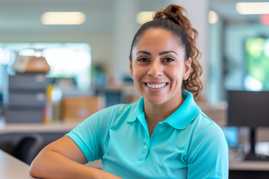 smiling hispanic woman staff at work wearing blue polo collar shirt in office