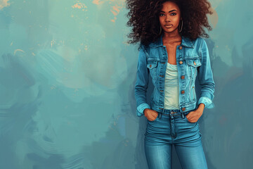 Confident African American woman in a denim jacket and jeans posing with hands on hips, set against a textured turquoise background.