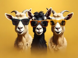 Group of funny goats with sunglasses on a yellow background, black and white goats in style, generative ai