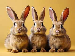 Three easter bunnies sitting on a yellow background, cute funny adorable rabbits portrait, generative ai