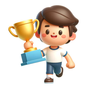 recommend clip art: 3d cheerful boy cartoon character holding a gold trophy, 3d clipart, 3d character.