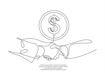 People shake hands against the background of the and money, illustration in the style of one line, minimalism, concept of friendship, contract and business relations, finance