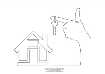 One continuous drawn single art line doodle sketch realtor hands symbol keys house. The concept of real estate sales