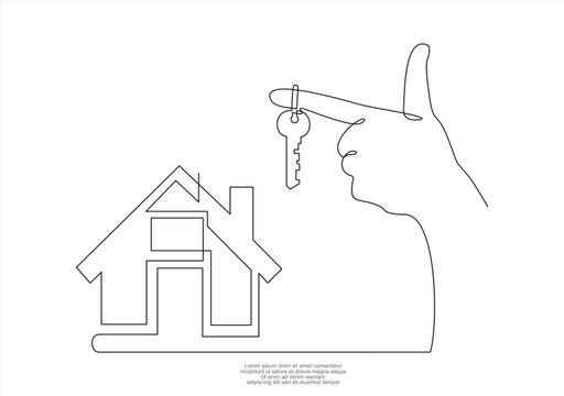One continuous drawn single art line doodle sketch realtor hands symbol keys house. The concept of real estate sales