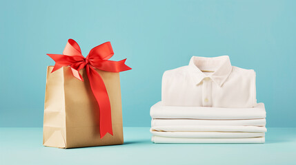 Minimalist composition with paper gift and neatly stacked pile of white shirts on blue background, modern and stylish Father's Day.