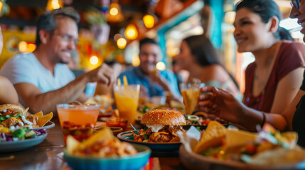 Friends enjoying a casual dining experience with burgers and drinks. Group of people sharing a meal and laughter at a restaurant. Joyful gathering around a table full of colorful food and beverages.