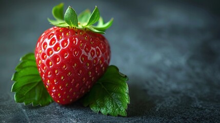 Fresh ripe strawberry with vibrant green leaves on dark background. Close-up of a juicy red strawberry for healthy eating concept.