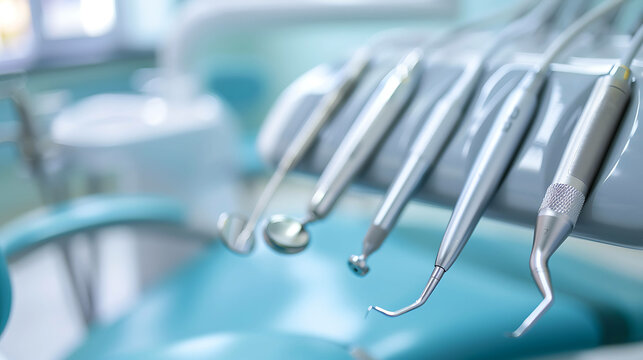 A close-up image of a dentist's tools. The tools are made of metal and are used for a variety of procedures.