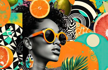 Fashion portrait of a beautiful african american woman with bright makeup and sunglasses