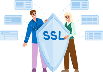 website ssl secure sockets layer vector. tls url, domain encryption, certificate web website ssl secure sockets layer character. people flat cartoon illustration