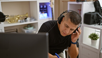 Talented young latin musician engrossed in crafting a soulful song at his cozy music studio,...
