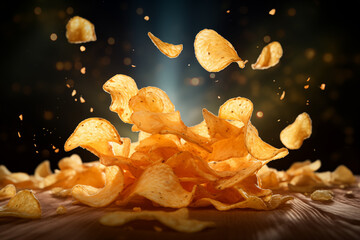 Obraz na płótnie Canvas Advertising Photo of Crispy Chips, Capturing Flying Crispy Chips Falling into a Pile. Perfect for Dynamic Snack Promotions, Marketing Campaigns, or Highlighting the Crunchy Satisfaction