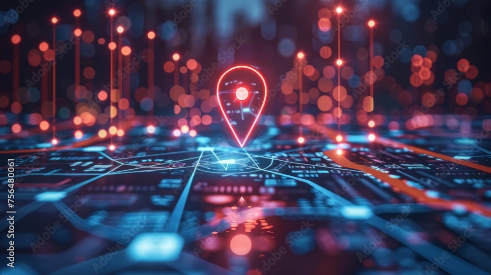 Poster red map pin on cityscape network connection for gps navigation technology concept
