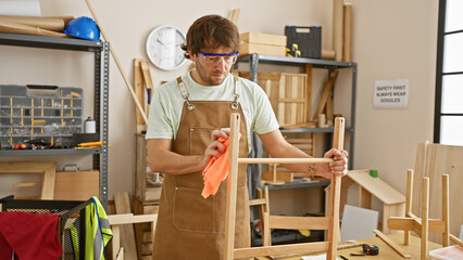 Caucasian craftsman wearing safety glasses cleans chair in well-equipped carpentry studio