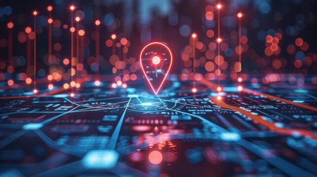 Red map pin on cityscape network connection for gps navigation technology concept