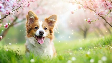 A cute dog playing in the grass with a spring background