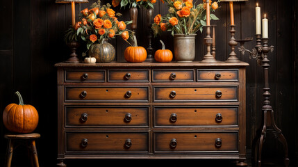 Old wooden chest of drawers with candles and pumpkins created with Generative AI technology