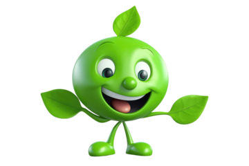 A green cartoon character with a leafy face is smiling and waving