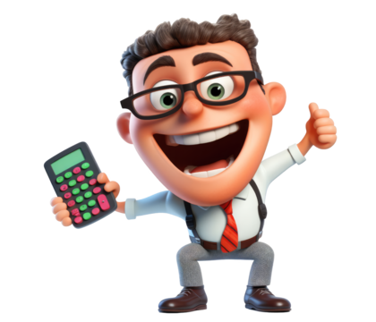 A cartoon man is holding a calculator and a cell phone