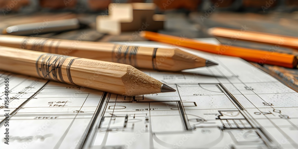 Poster blending form and function: architects design an efficient, ergonomic workspace blueprint. concept w
