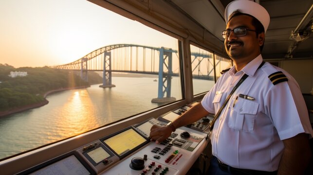 Captain and navigation officer on watch in bridge of cruise ship during cargo operations