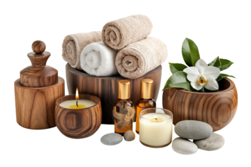 Set of Spa equipment, Towels, scented candles oils and accessories for spa treatments on a transparent background