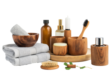 Set of Spa equipment, Towels, scented candles oils and accessories for spa treatments on a transparent background