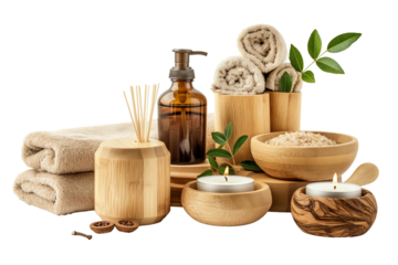 Set of Spa equipment, Towels, scented candles oils and accessories for spa treatments on a transparent background