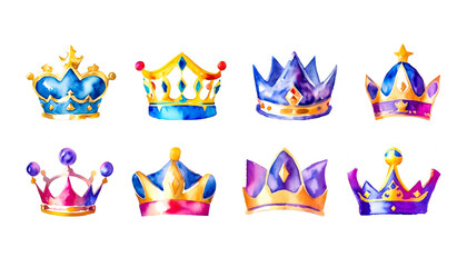 Golden Crown Set, Isolated On White. Diffirent Watercolor Crowns Collection. Symbol of king, queen and princess. Design elements