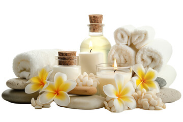 Obraz na płótnie Canvas Set of Spa equipment, Towels, scented candles oils and accessories for spa treatments on a transparent background