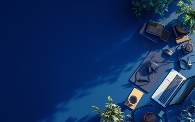 Capture the essence of productivity with this LOFI STYLE office desk view from above. Minimalist dark blue background with a spacious center, perfect for your creative projects.